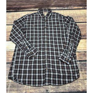 Duluth Trading Co Flannel Shirt Mens L Button Up Black Gray Plaid Long Sleeve